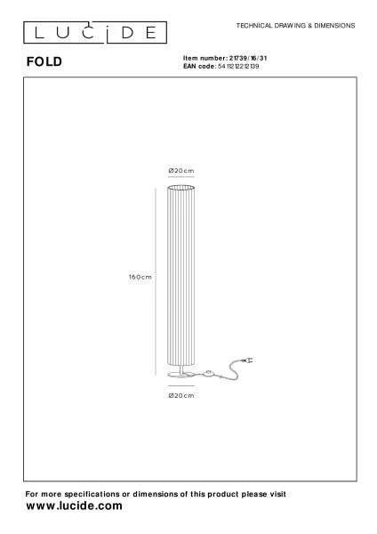 Lucide FOLD - Vloerlamp - Ø 20 cm - 3xE27 - Wit - technisch